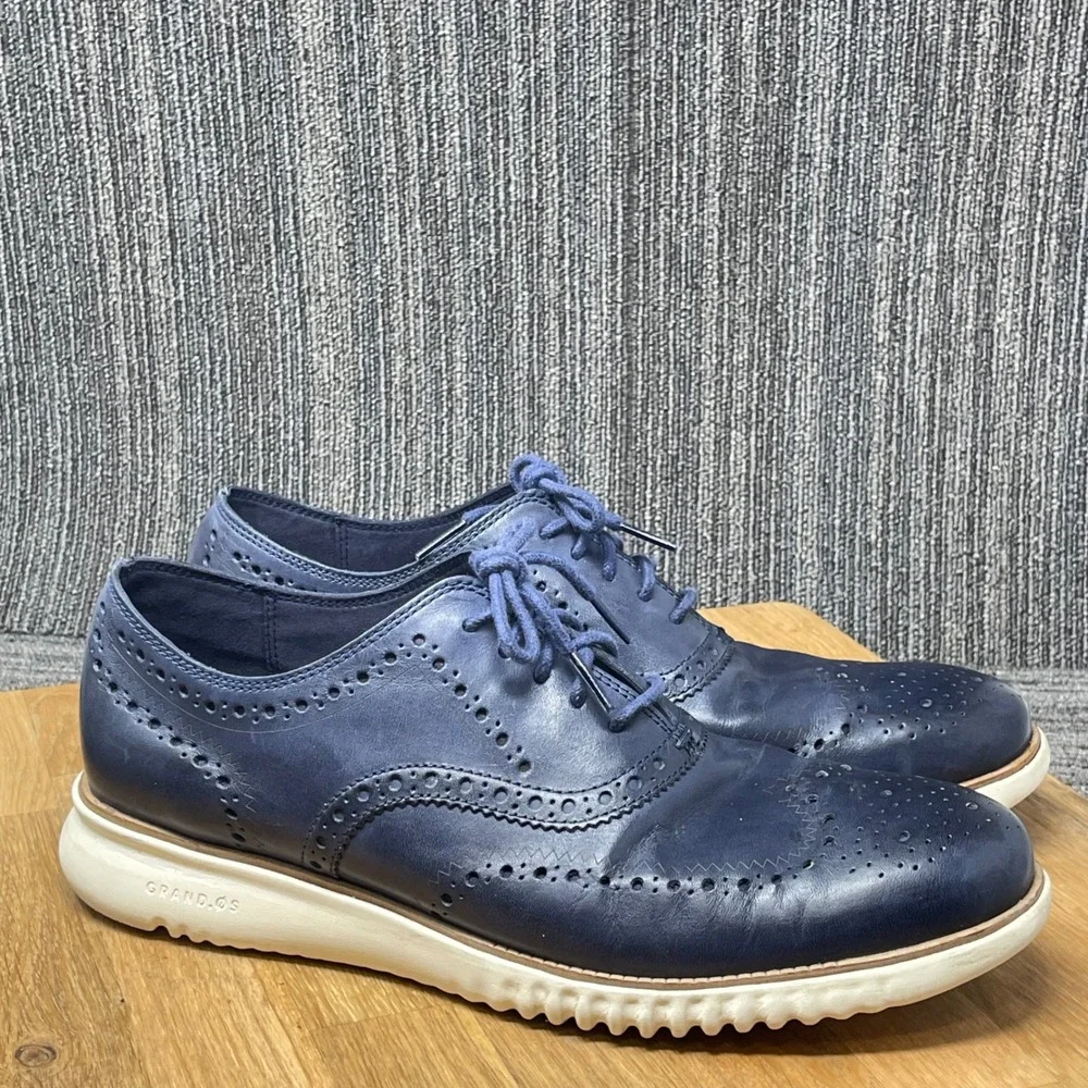 Cole Haan 2.Zerogrand Wingtip Oxford Mens 10.5M Blue Leather Sneaker Shoe Preppy